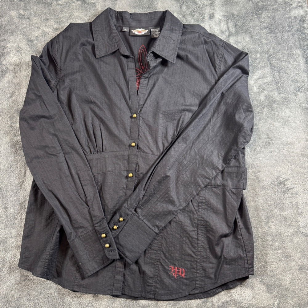 Harley-Davidson Womens XL Black Long Sleeve Button Down Shirt Embroidered Logo